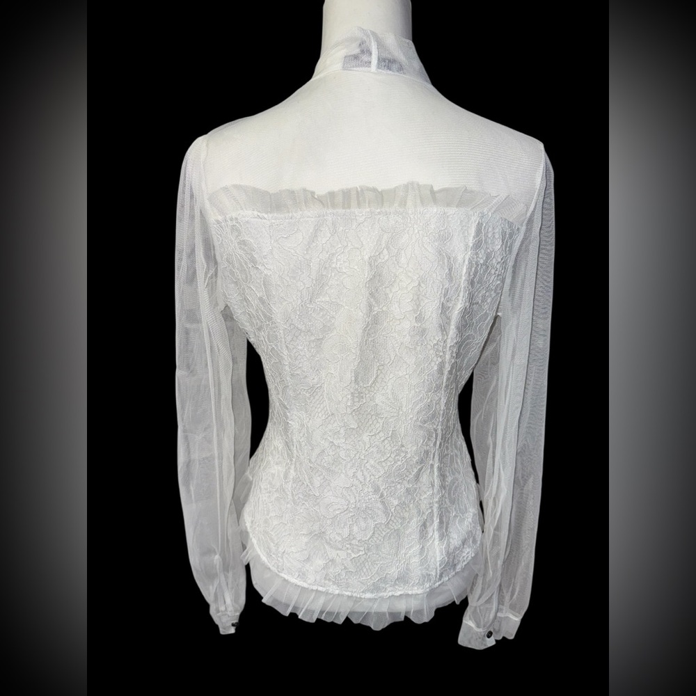 Impulsive white lace blouse with a bow collar and sheer sleeves sz Large - Picture 6 of 10